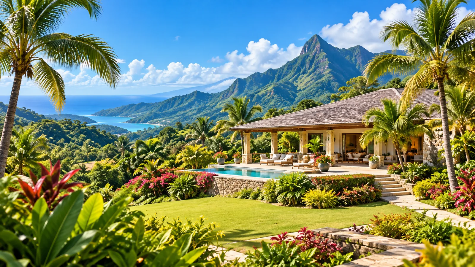 Villa tropical con piscina frente al mar